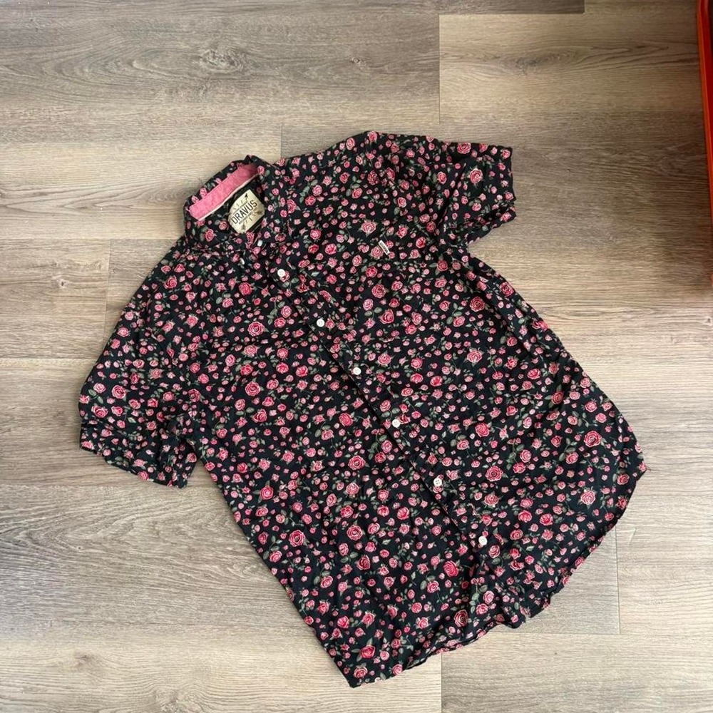 Dravus Mens Pink Floral Rose Black Short Sleeve Button Up Shirt Size M